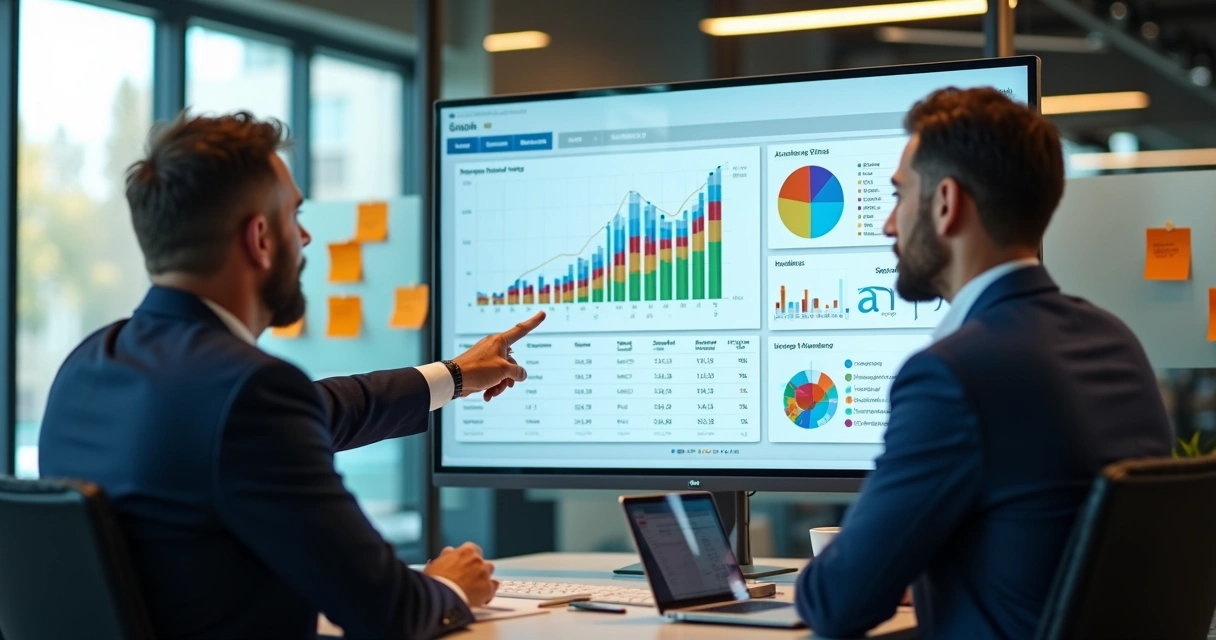 Gestores analisando painel de BI em escritório 