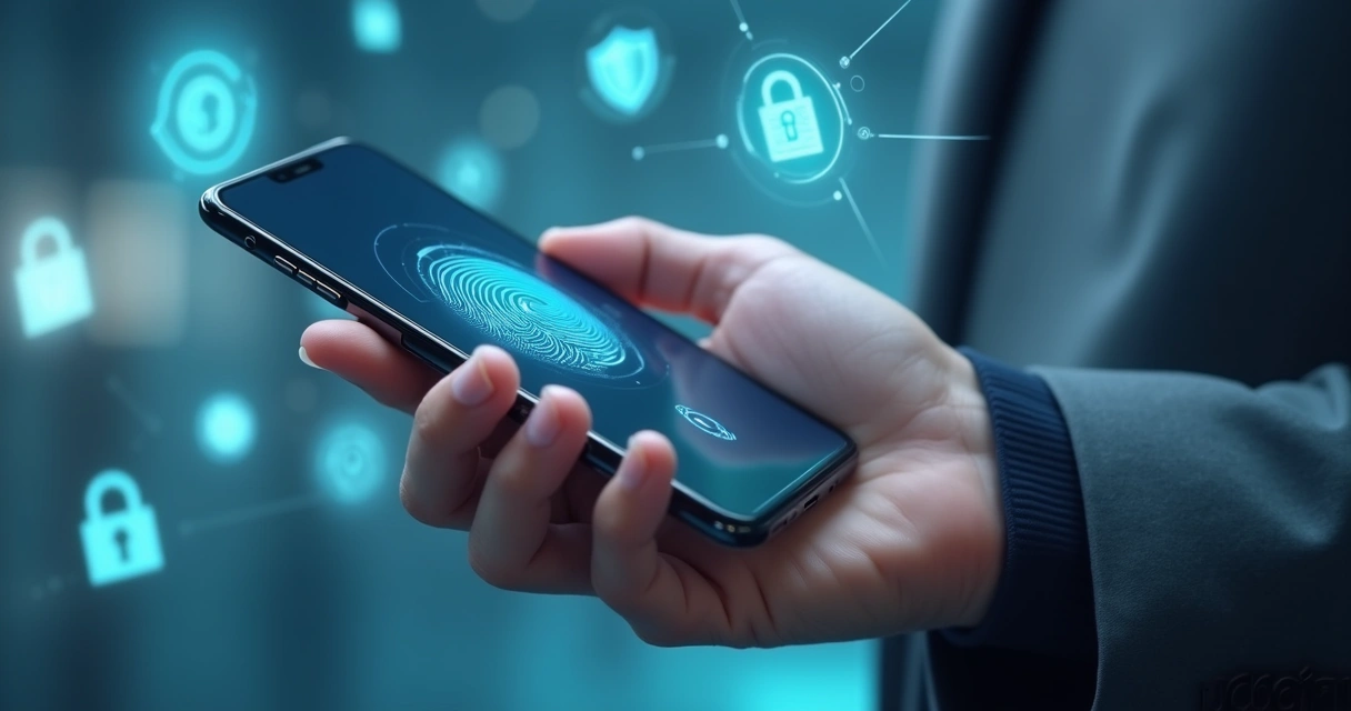 Tela de smartphone exibindo scan de impressão digital para autenticação em banco digital 