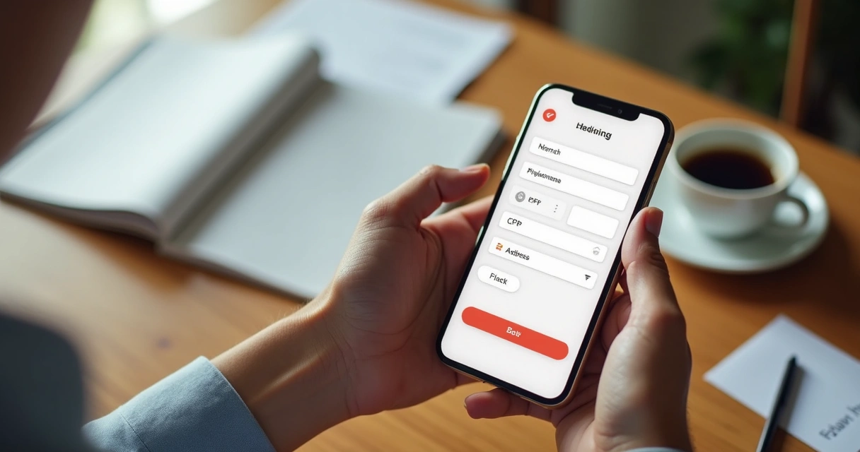 Pessoa atualizando cadastro pelo celular em uma mesa com documentos