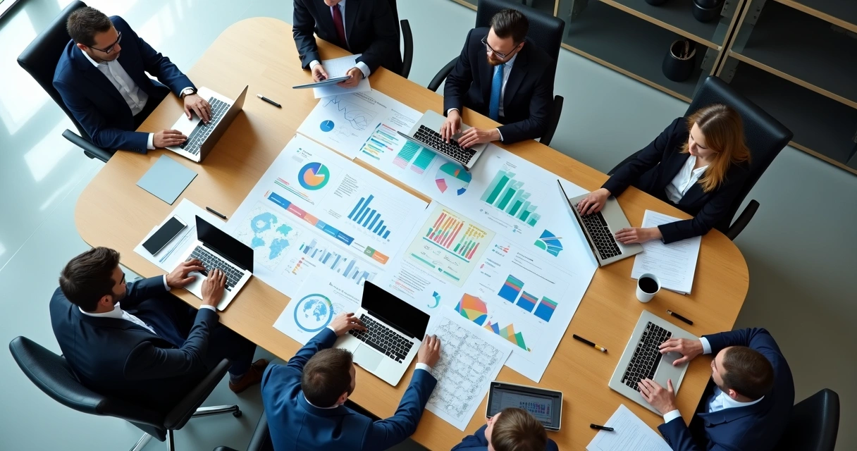 Profissionais analisando gráficos de dados empresariais juntos em uma mesa de reunião 