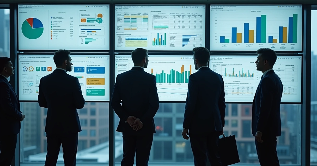 Equipe olhando gráficos de dados em grandes telas 
