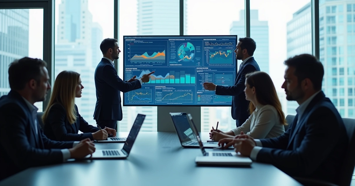 Equipe analisando dados em uma tela central gigante 