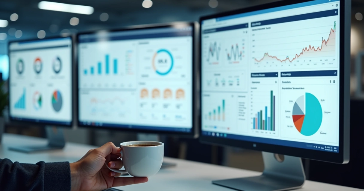 Três telas mostrando dashboards de vendas, estoque e atendimento centralizados 