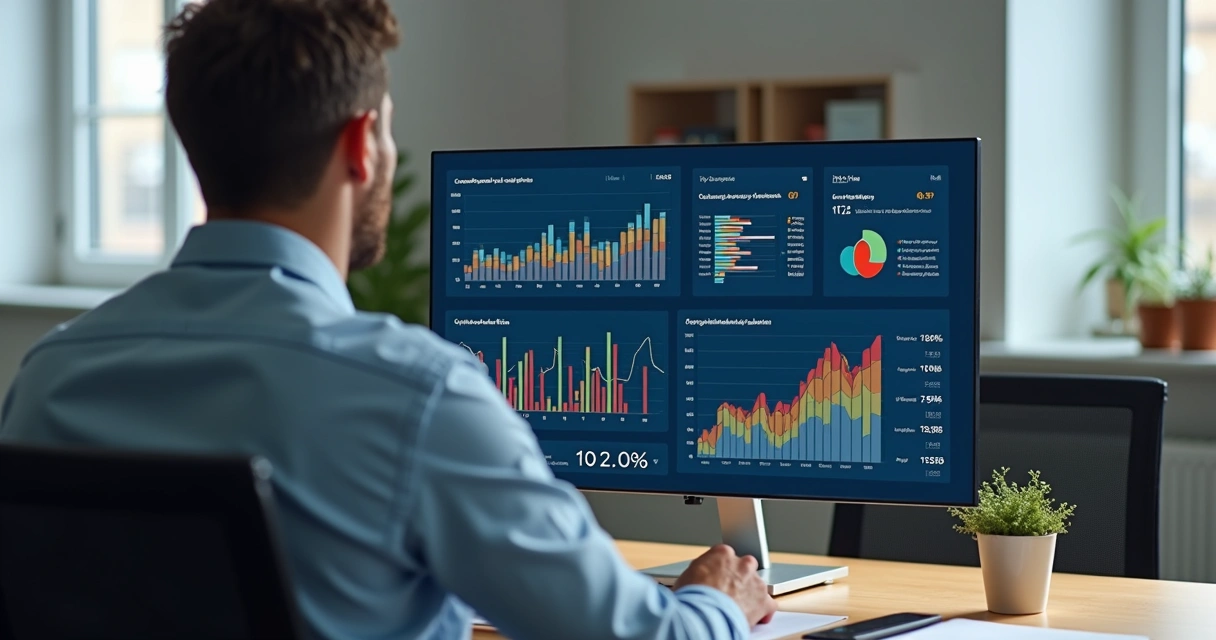 Gestor analisando painel de controle digital com gráficos de vendas e estoque integrados 