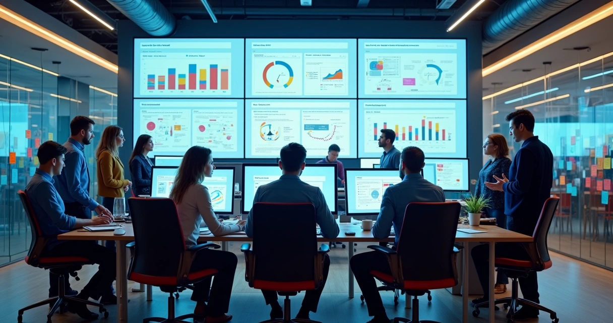 Equipe analisando dados centralizados em telas modernosas 