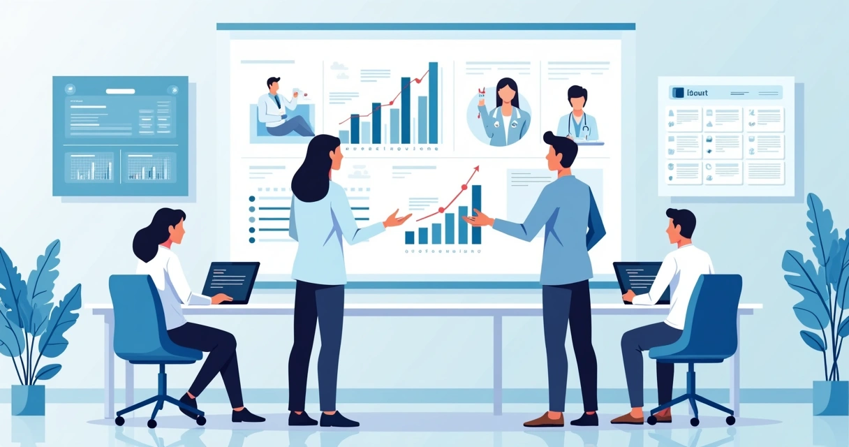 Profissionais de clínica analisando gráficos de dados de clientes em uma tela 