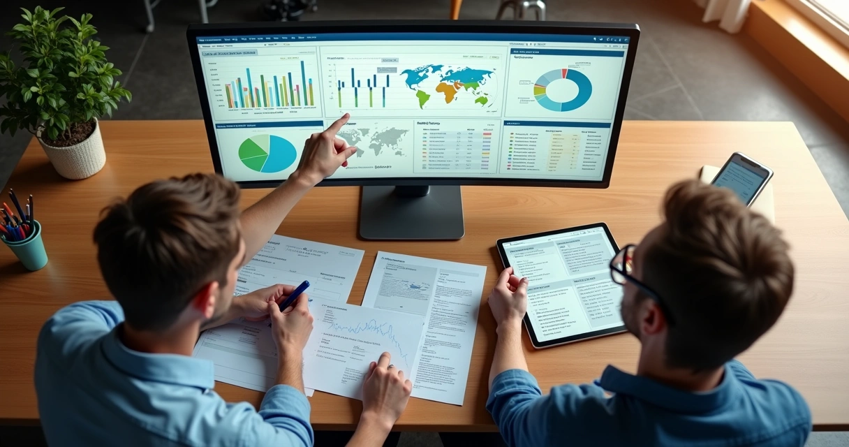 Gestor analisando dashboard detalhado de dados de clientes 