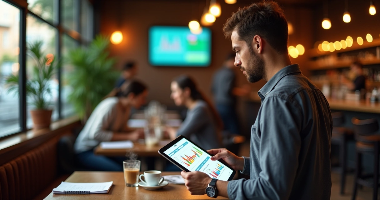 Gestora analisando dados de clientes em tablet com restaurante ao fundo 