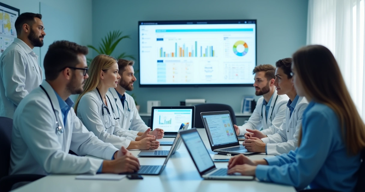 Equipe de clínica médica analisando privacidade de dados digitais 