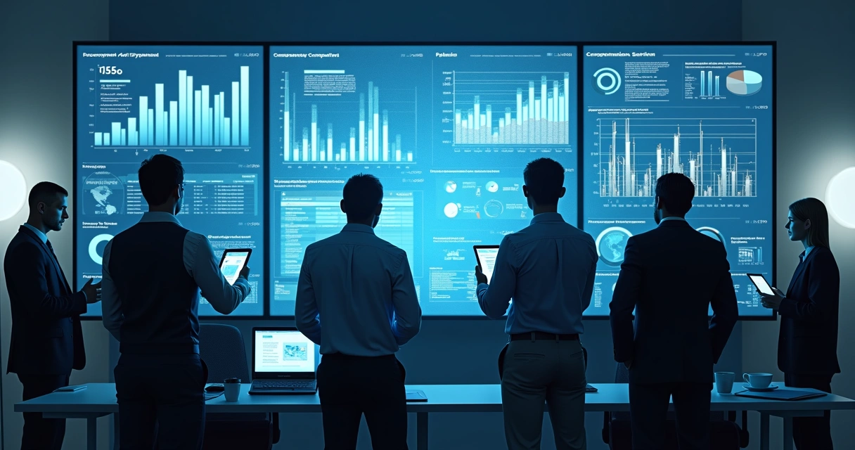 Profissionais analisando painel digital com gráficos de compliance