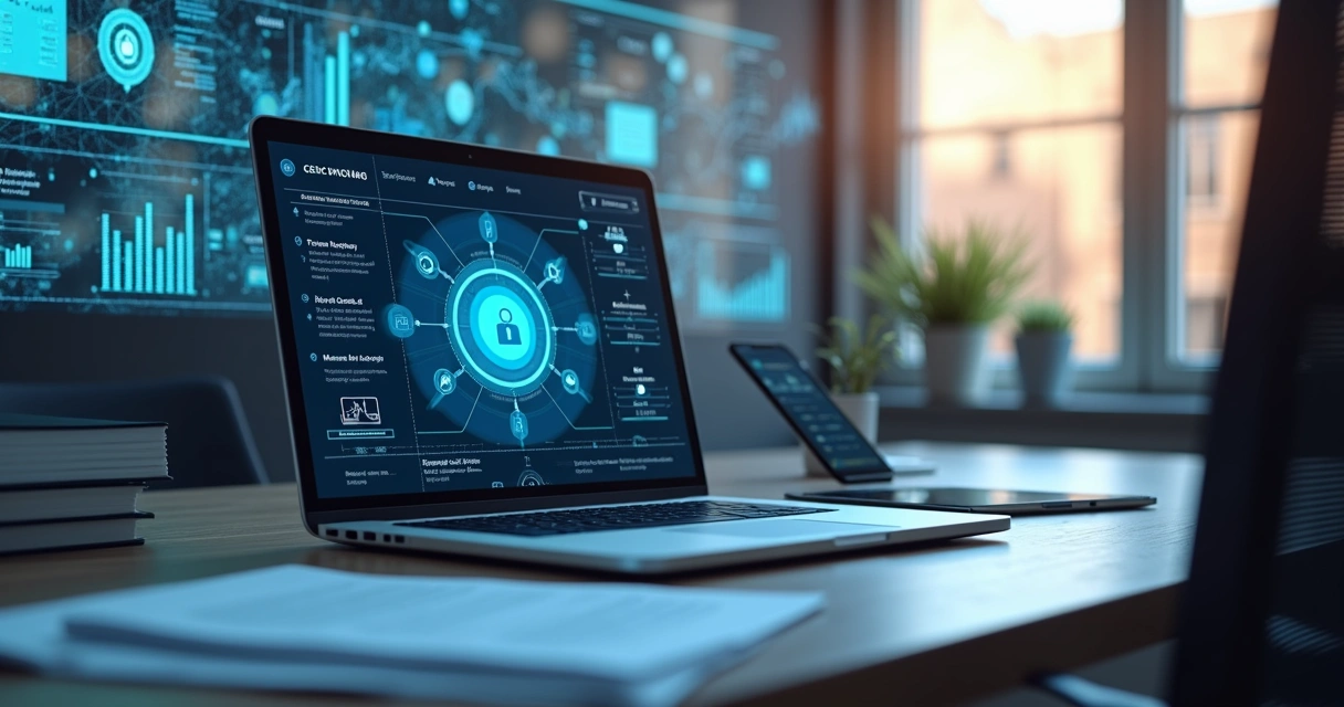 Mesa com laptop aberto exibindo dashboard de dados para compliance e KYC, documentos digitais organizados, e gráficos detalhados ao fundo 