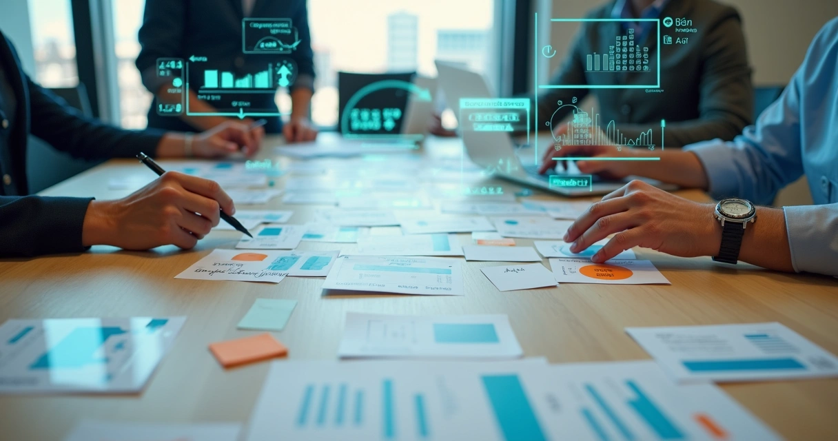 Mesa com jornada de cliente imobiliário desenhada em cartões e gráficos digitais surgindo acima 