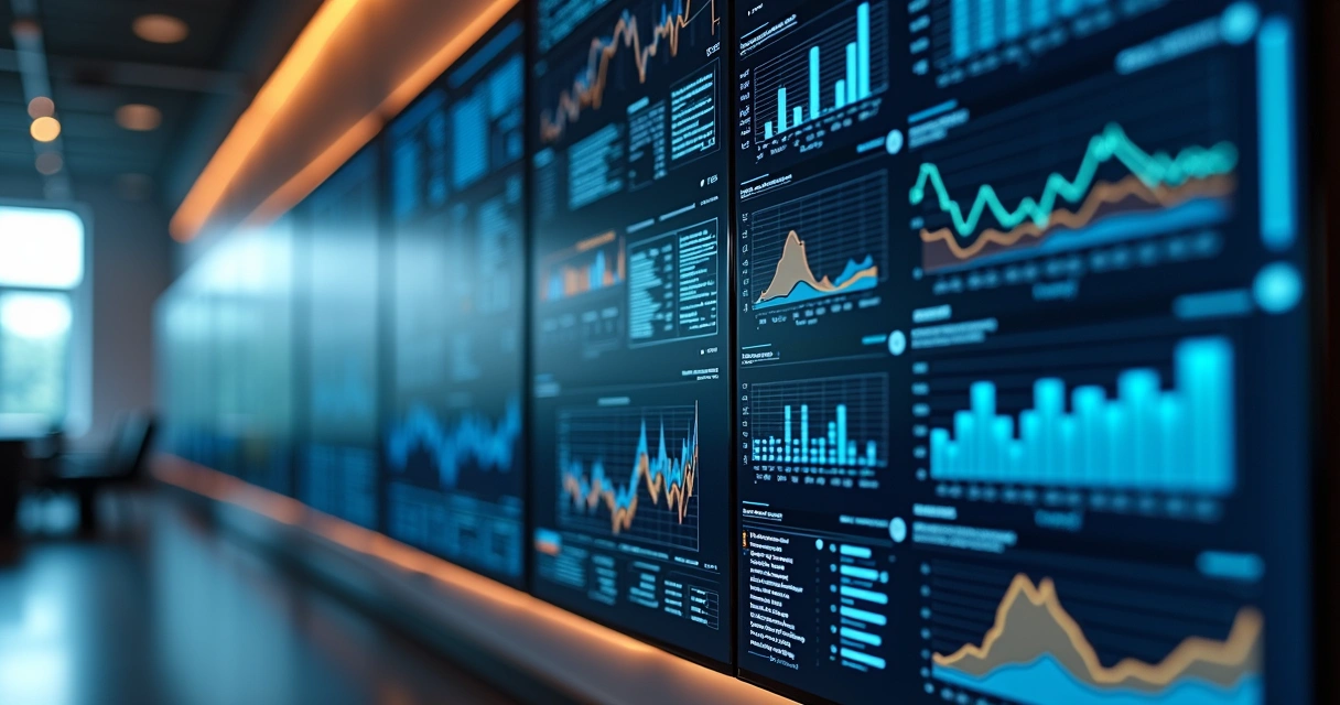 Painéis digitais mostrando dados integrados na indústria 
