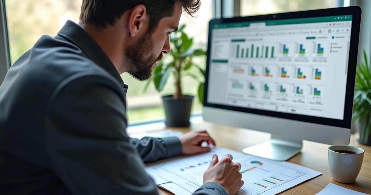 Profissional analisando planilhas com dados confiáveis para marketing B2B 