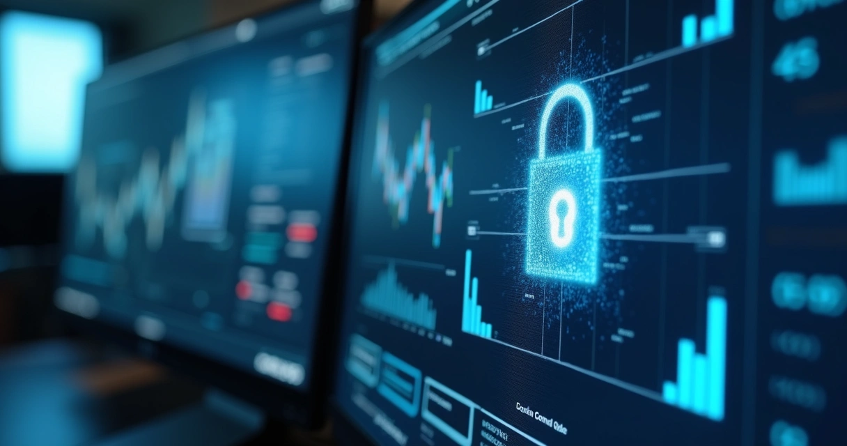 Dados confidenciais sendo analisados em sistemas de IA, telas de computador mostrando gráficos e cadeado 