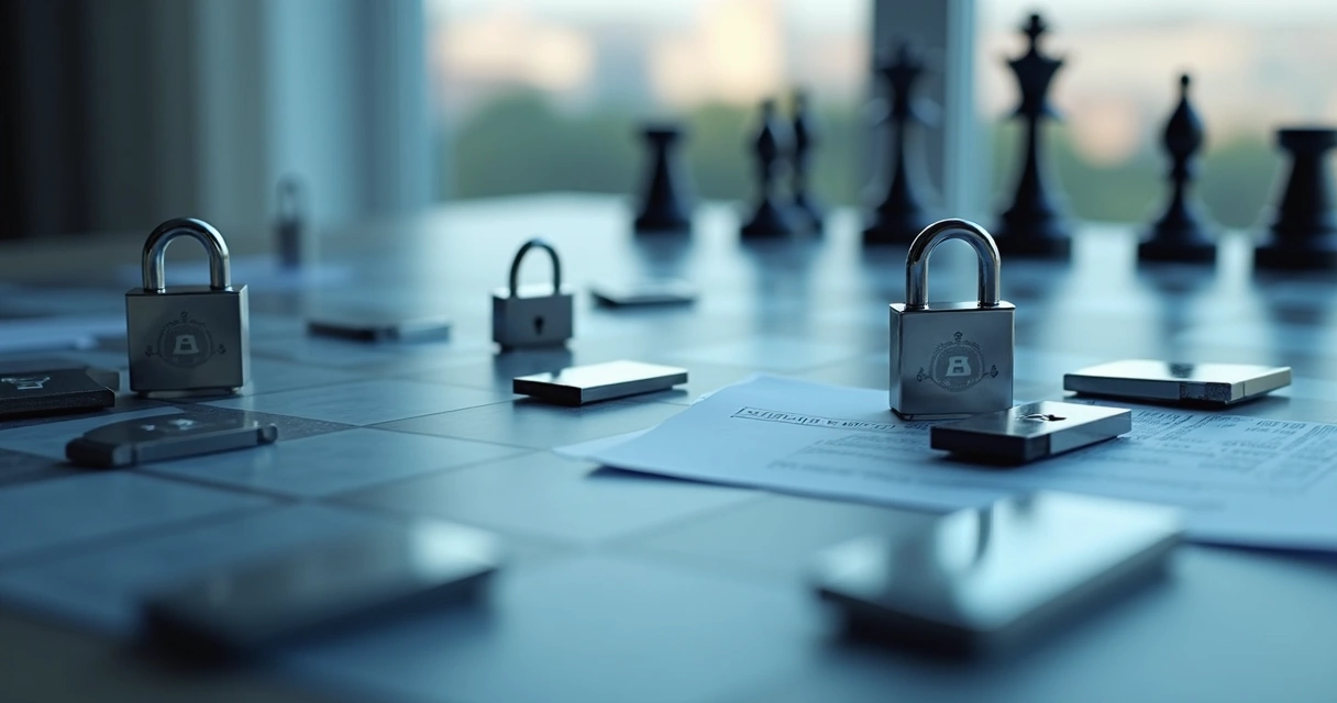 Tabuleiro com peças representando documentos e cadeados. 