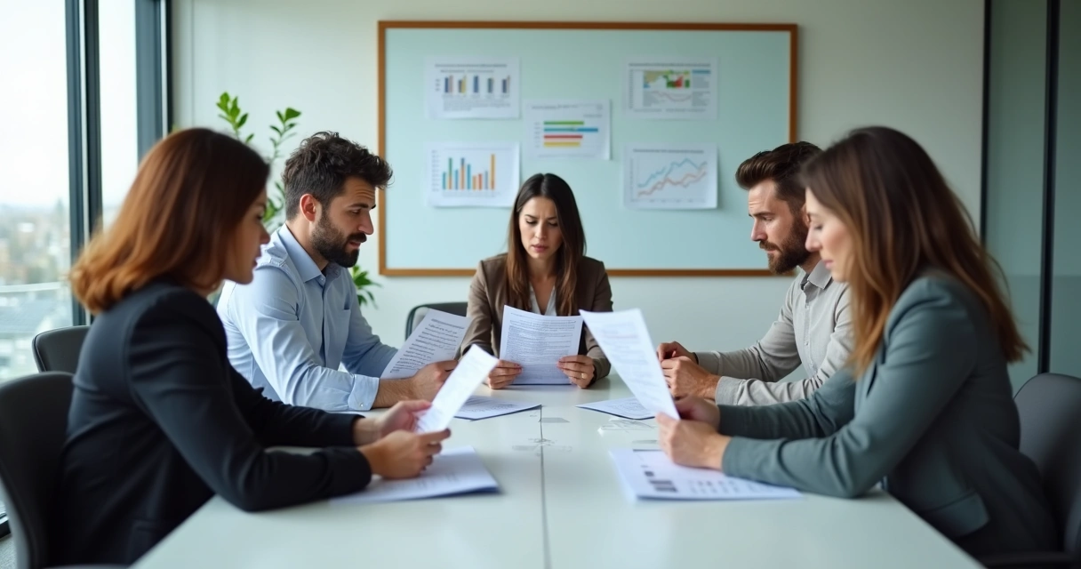 Equipe reunida em frente a relatórios em conflito
