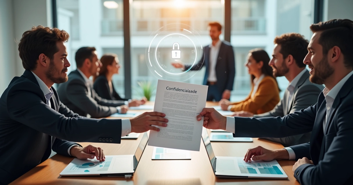 Profissionais analisando contrato numa sala de reunião 