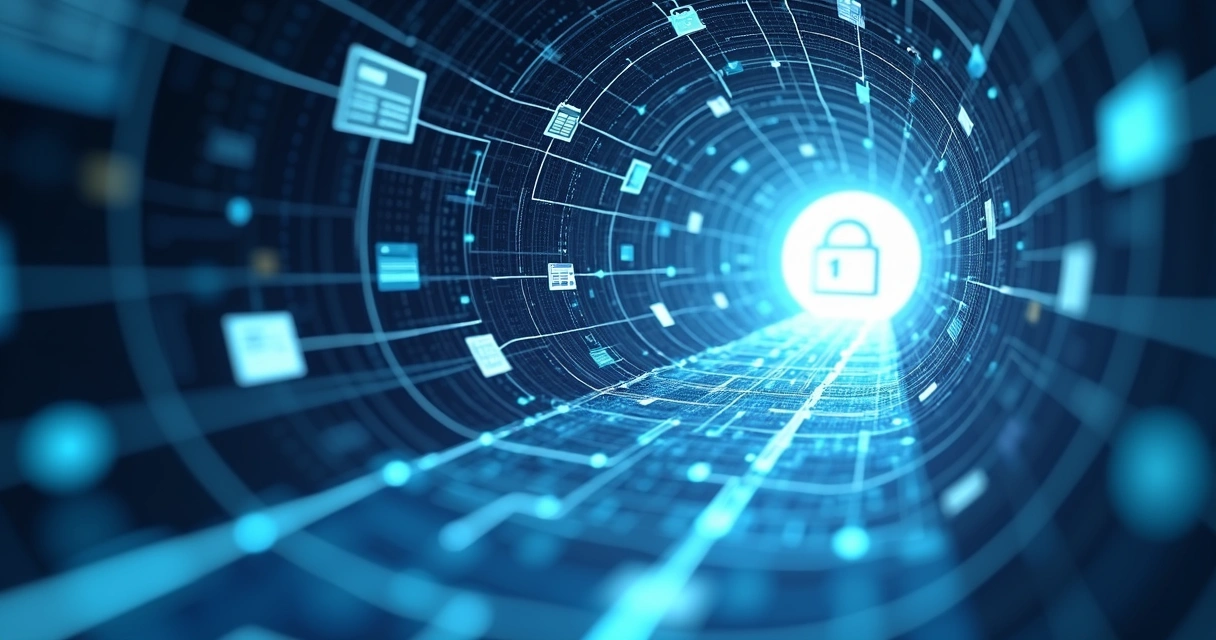 Ilustração showing dados contábeis protegidos trafegando em um túnel digital em meio a redes públicas 