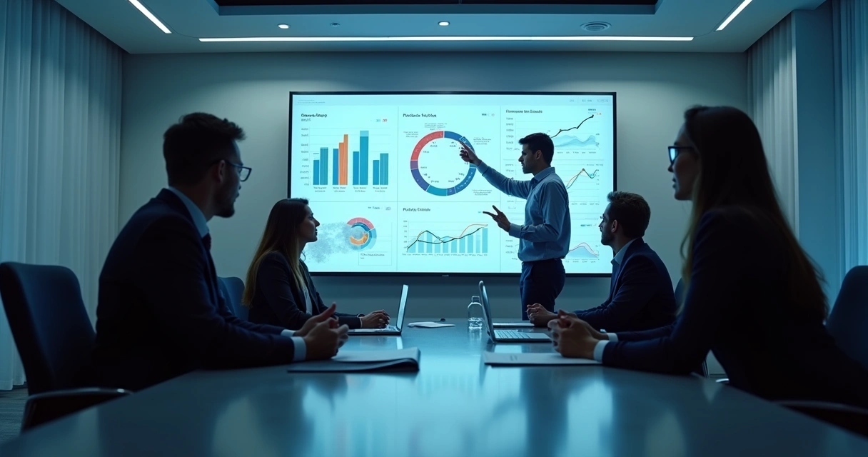 Dashboard de dados empresariais em tela grande 