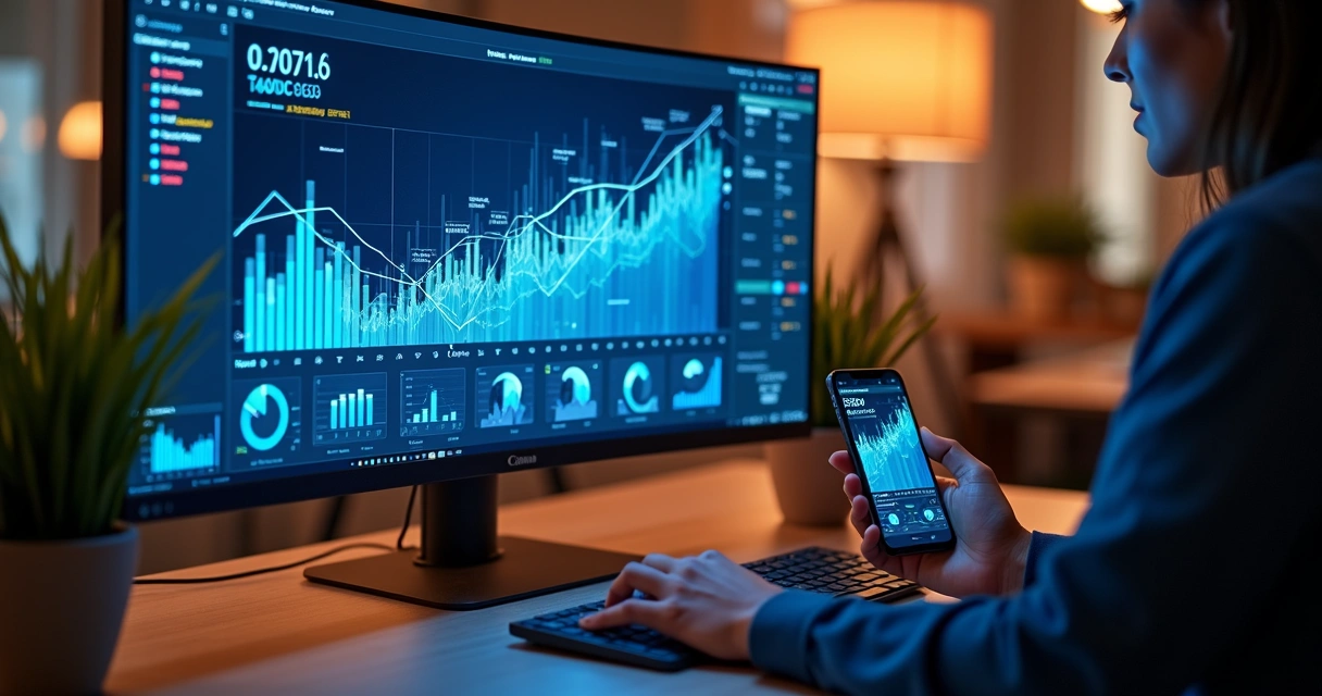 Gráfico de crescimento digital em monitor mostrando dados coloridos 
