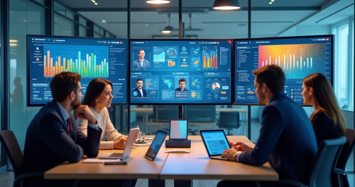 Profissionais reunidos analisando dashboards de CRM e ERP 