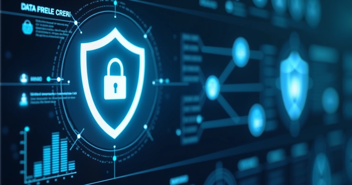 Painel digital exibe ícones de segurança e privacidade de dados