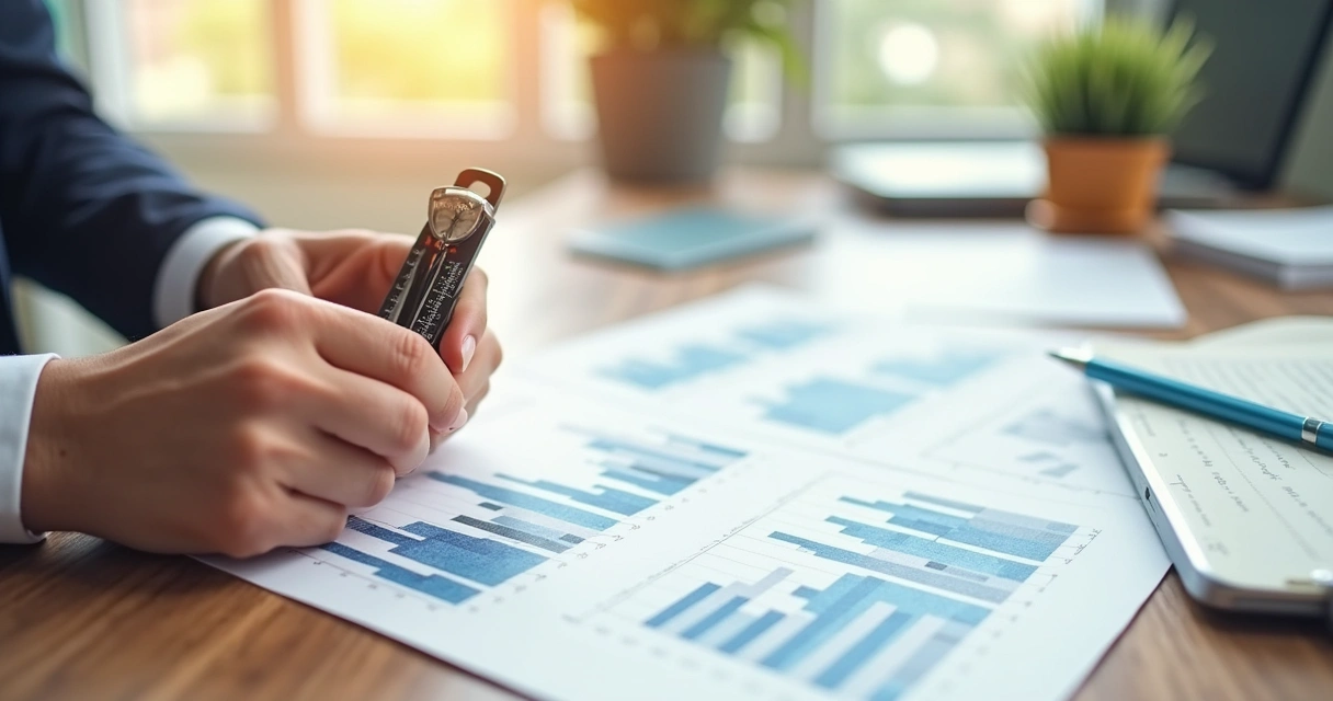 Gráficos de dados e bússola em papel com mesa de home office ao fundo 