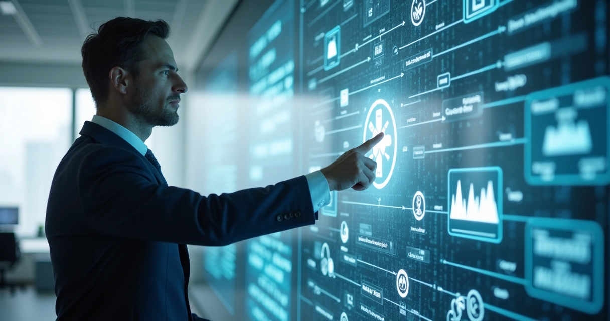 Empresário analisando dados à frente de uma tela digital cheia de gráficos 