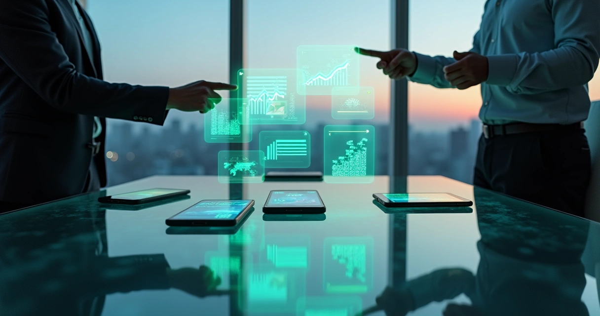 Gestores analisam dados de grupos de WhatsApp projetados sobre mesa de vidro 