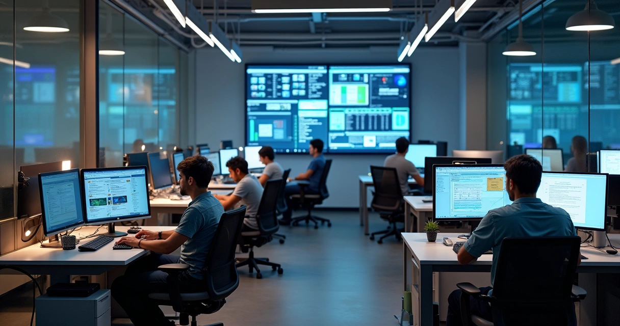 Diversas equipes usando sistemas diferentes em seus próprios computadores 