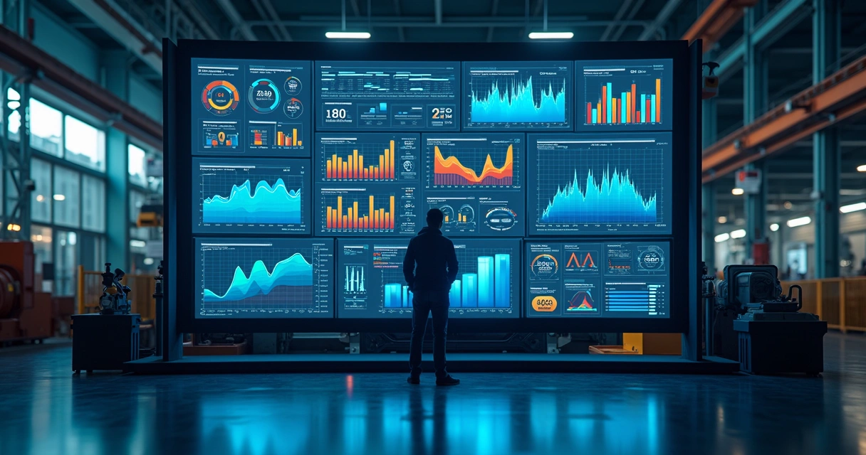 Dashboard digital de performance em chão de fábrica com gráficos claros e fáceis de ler 