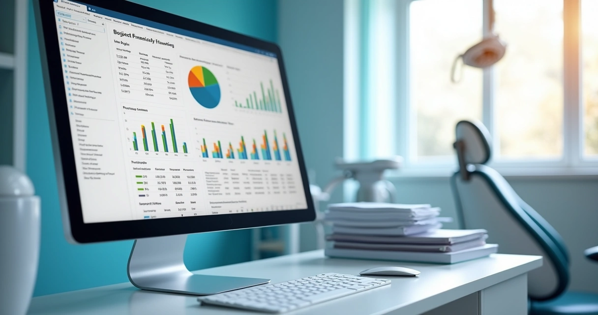Tela de computador com gráfico financeiro em clínica odontológica