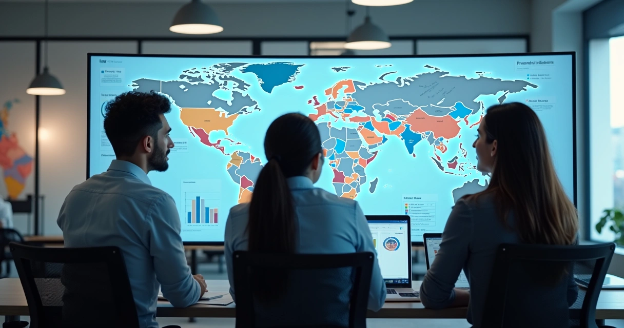 Equipe analisando dados diversos e gráficos em uma tela 