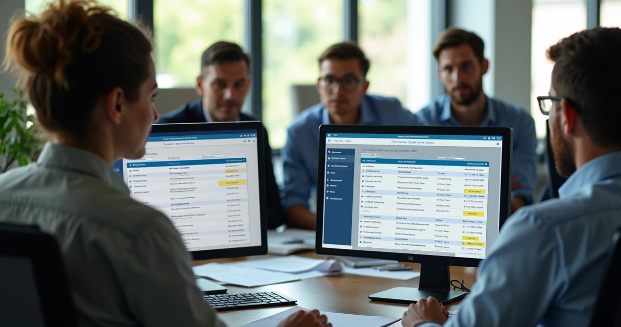 Equipe olhando telas com dados duplicados 