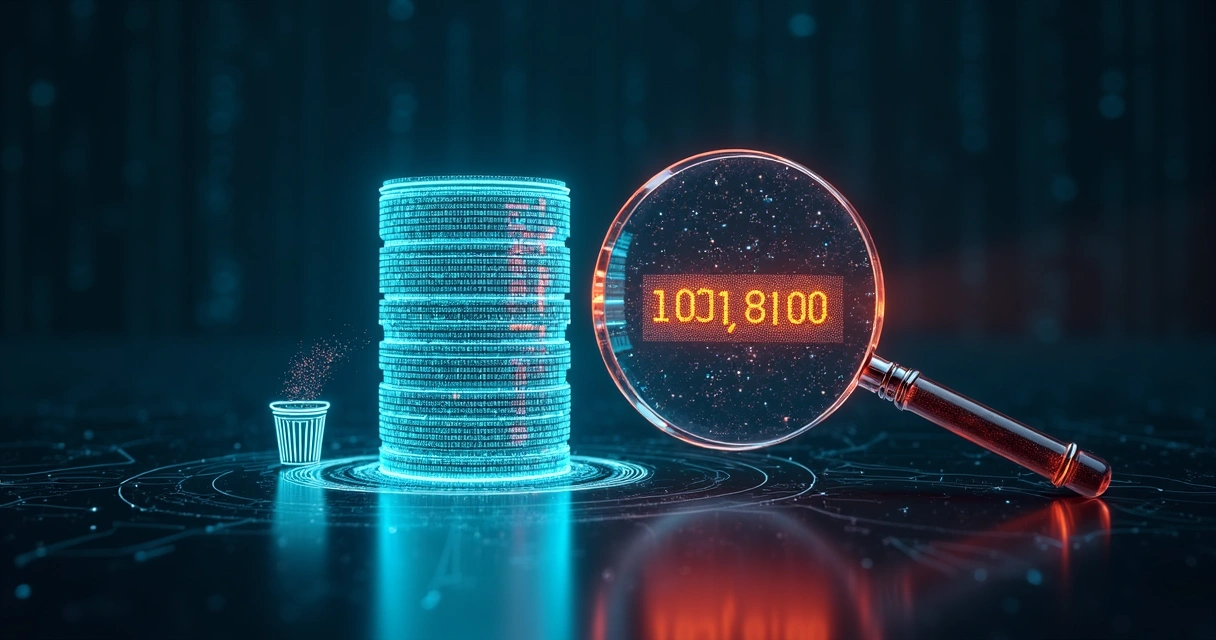 Banco de dados virtual com lupa destacando registros duplicados 