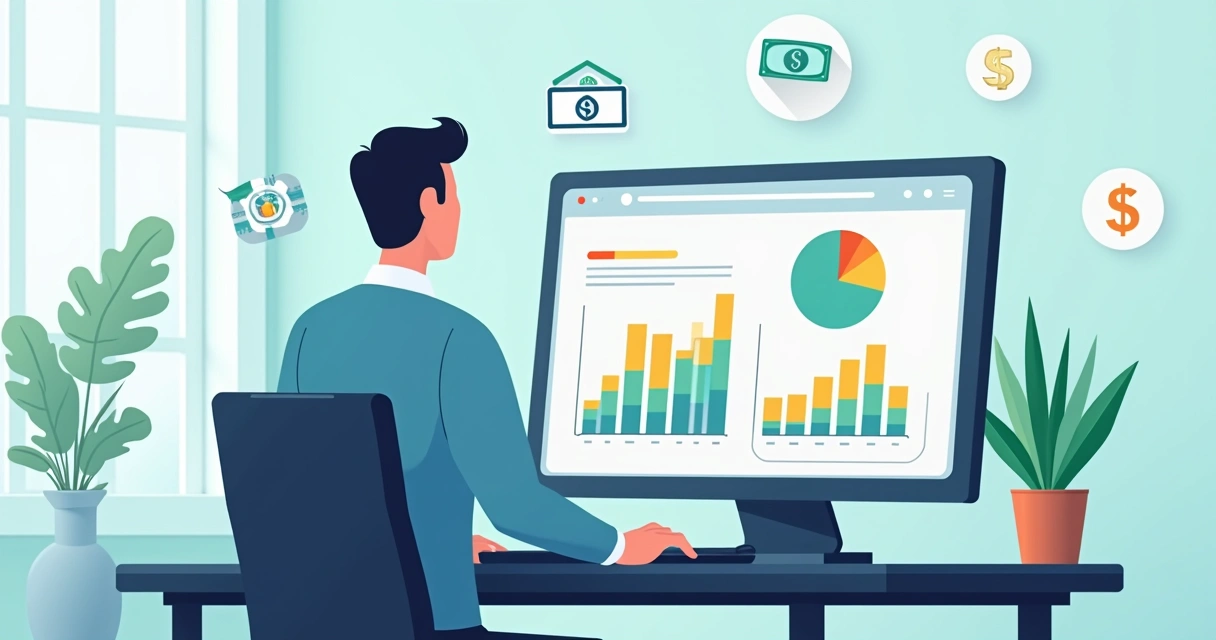 Empresário analisando gráficos financeiros digitais em tela, com ícones de crédito e dívidas ao fundo. 