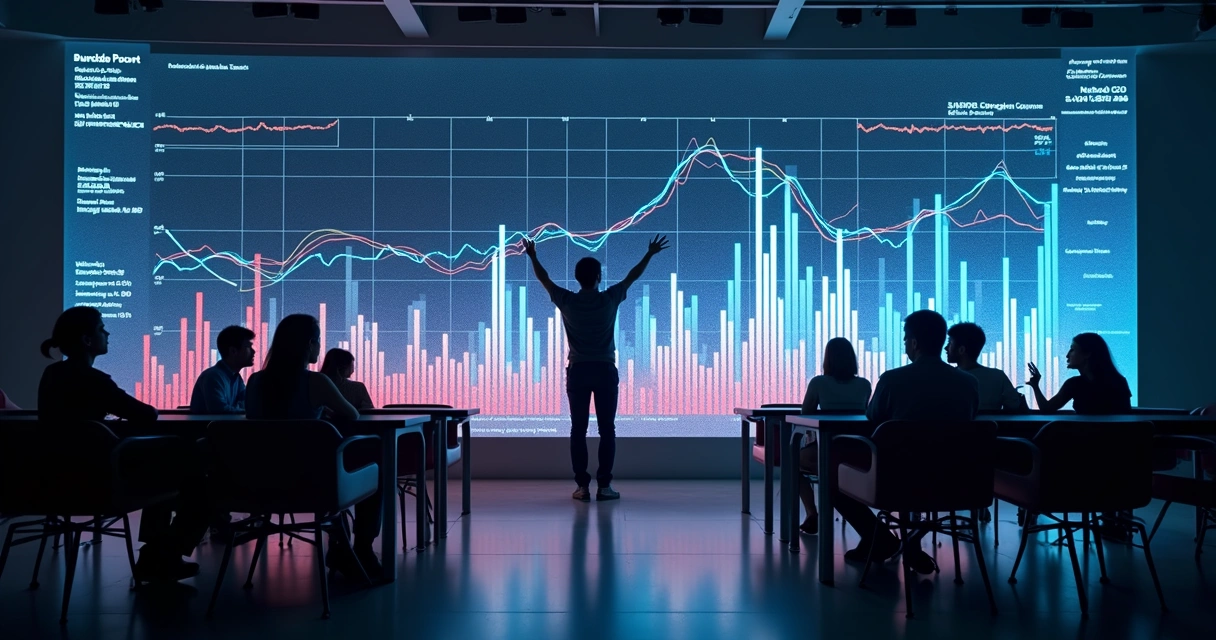Gráfico digital colorido mostrando evolução de indicadores de cultura de performance em tela grande 