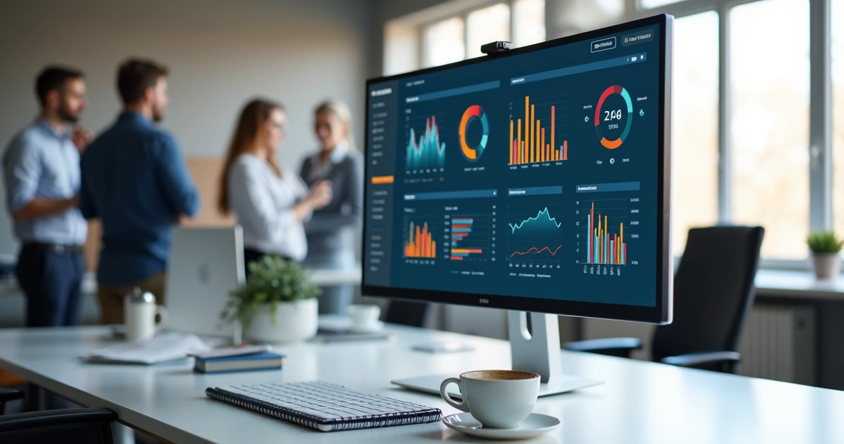 Dashboard colorido com gráficos de dados em monitor na mesa 