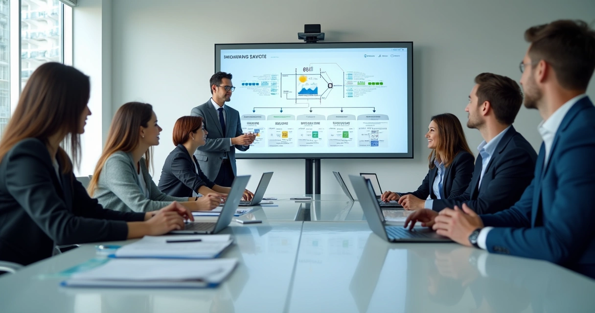 Equipe de negócios analisando dados diversos para previsão 