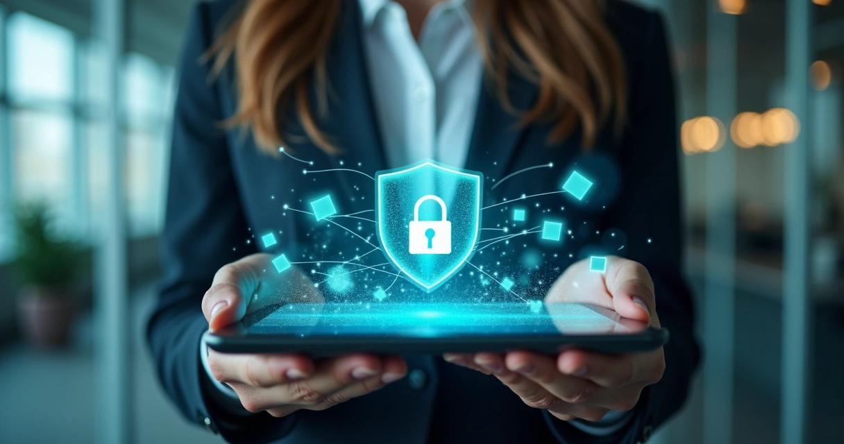 Mãos segurando dados digitais protegidos em tela com cadeado 