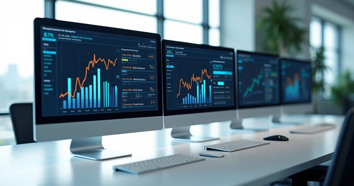 Ilustração de telas de computadores exibindo gráficos e informações empresariais em tempo real