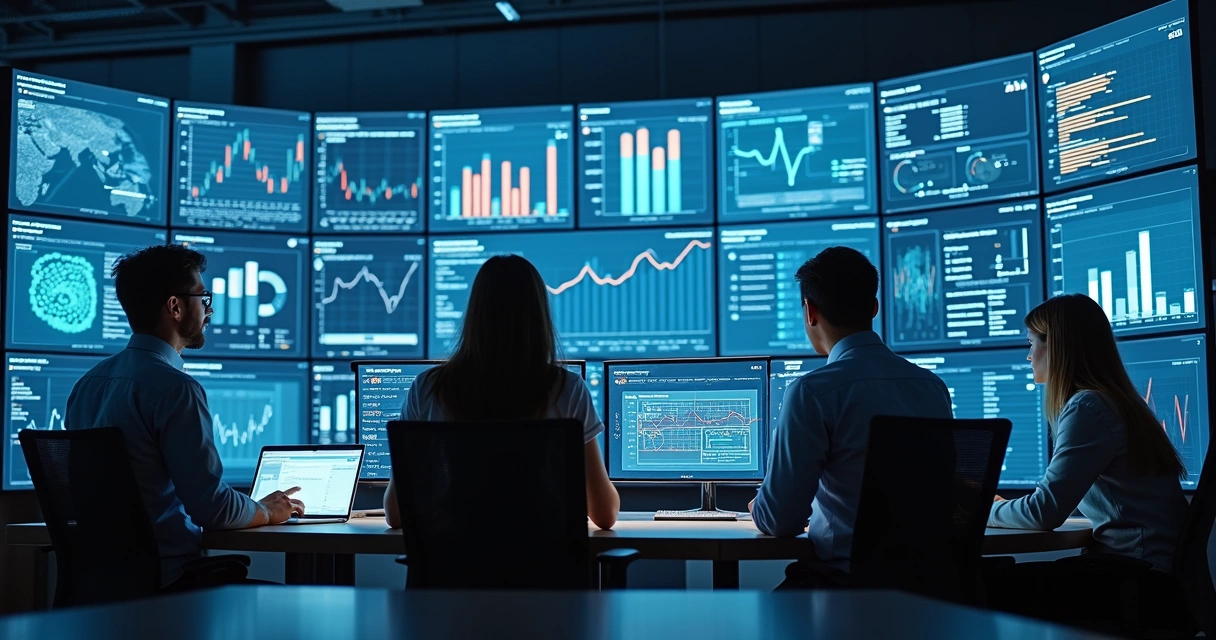 Dados empresariais organizados em telas digitais 