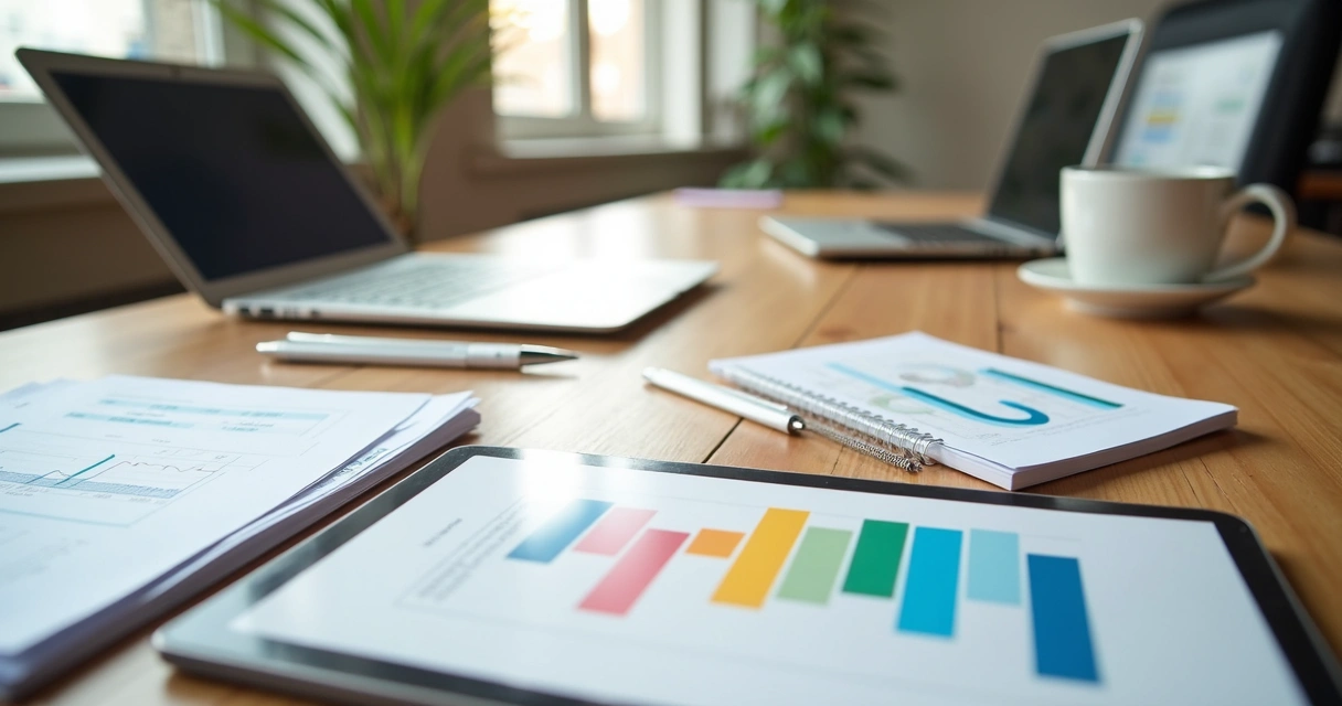 Gráfico colorido com checklist de conformidade ao lado de documentos empresariais 