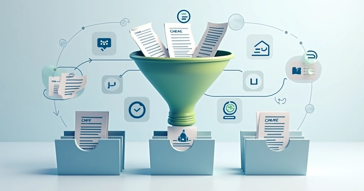 Fluxo de registros empresariais com elementos como CNPJ, CNAE e sócios 