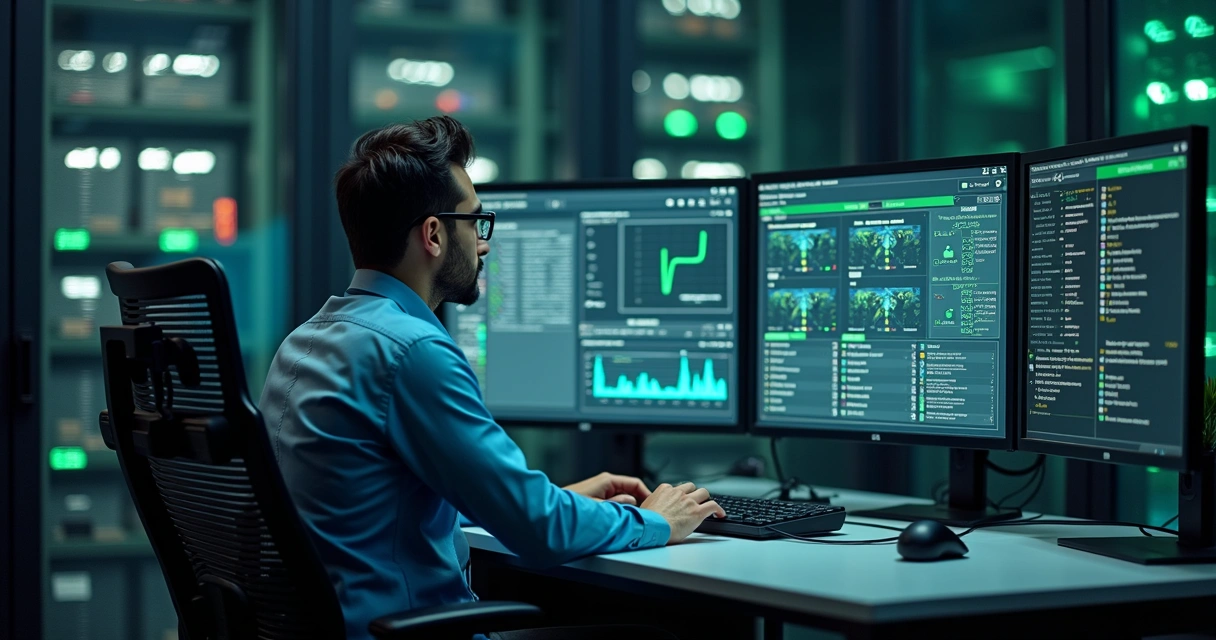 Profissional de TI monitorando dados empresariais protegidos em NAS na tela 