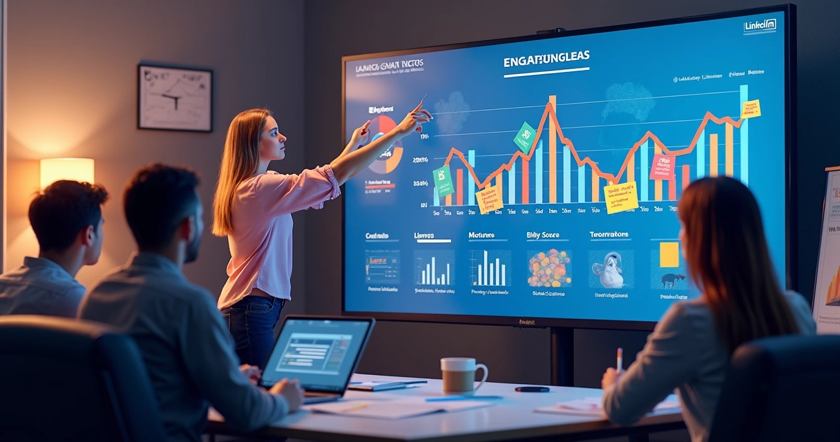 Gráfico de engajamento de conteúdo no LinkedIn, usuários analisando métricas 