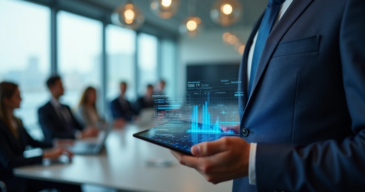 Geração de Leads B2B: Estratégias e Ferramentas Avançadas 3 Executivo analisando dados enriquecidos em um tablet durante reunião