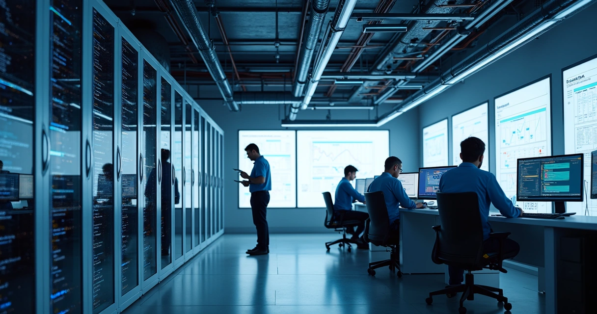 Servidores de inteligência artificial e computadores modernos em ambiente de negócio