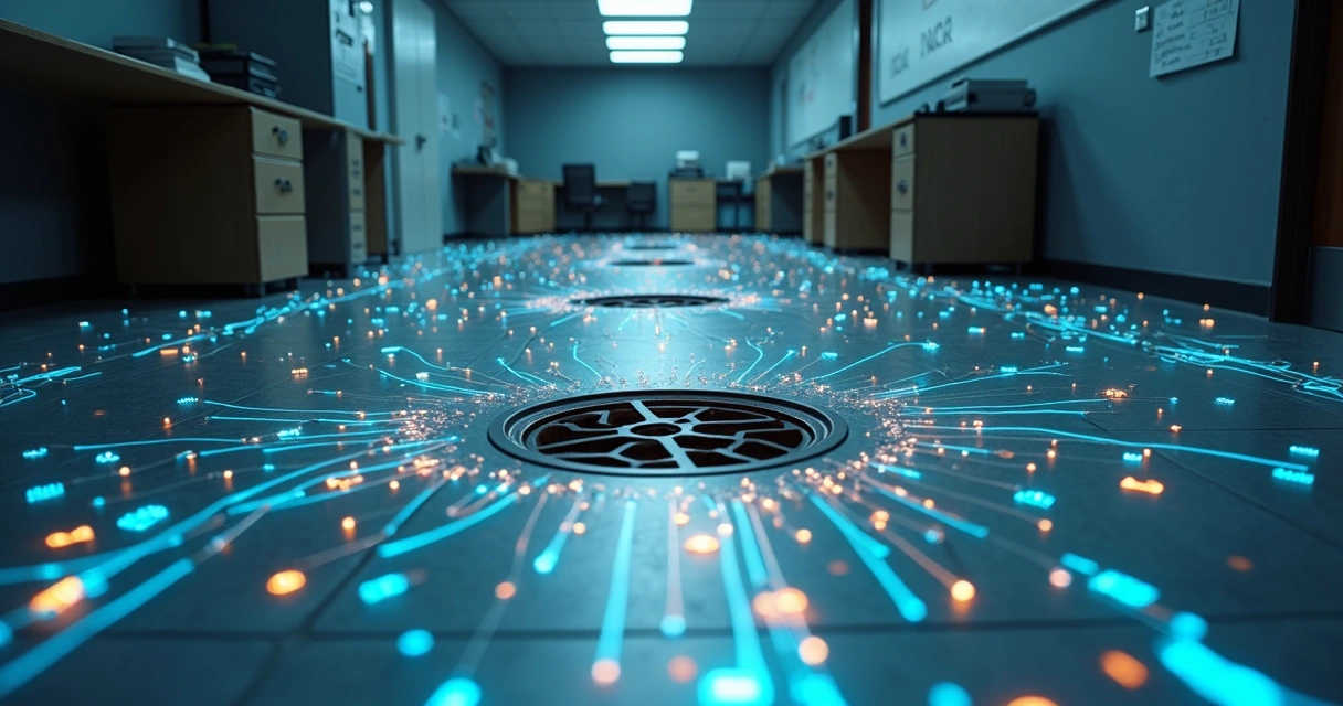 Dados digitais escorrendo por ralos em piso de pequena empresa 